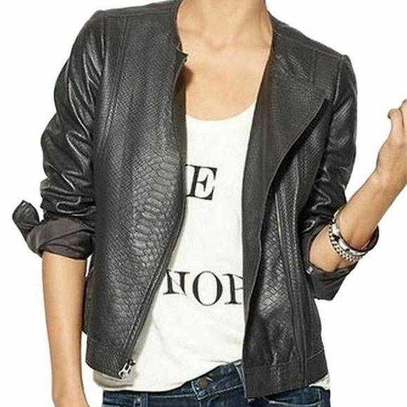 VINCE LEATHER MOTO JACKET SNAKESKIN EMBOSSED GRAPHITE DARK GREY SZ XS NWT